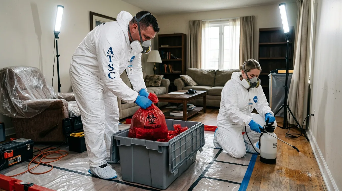 Professional Hazmat Cleanup technician in full PPE working in Edwardsville